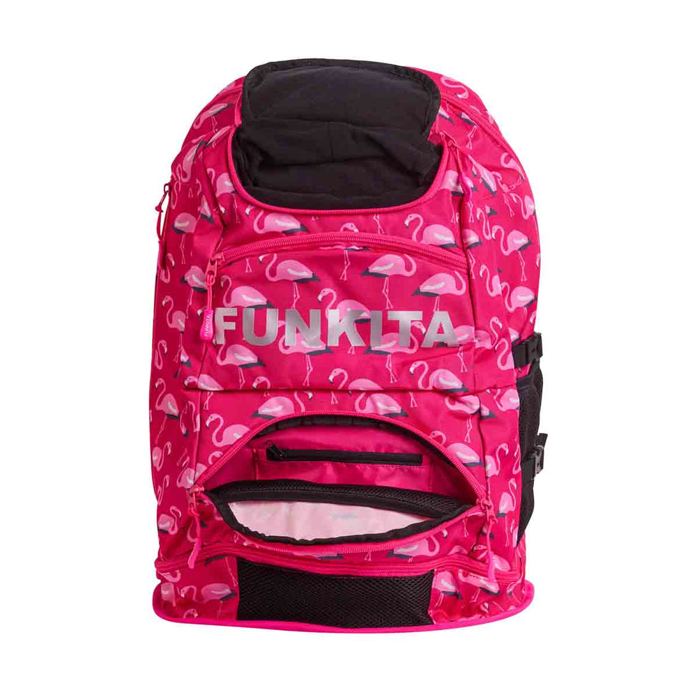 Pink Way Funky Flaming Go GOs Elite Squad backpack with colorful flamingo design and adjustable straps.