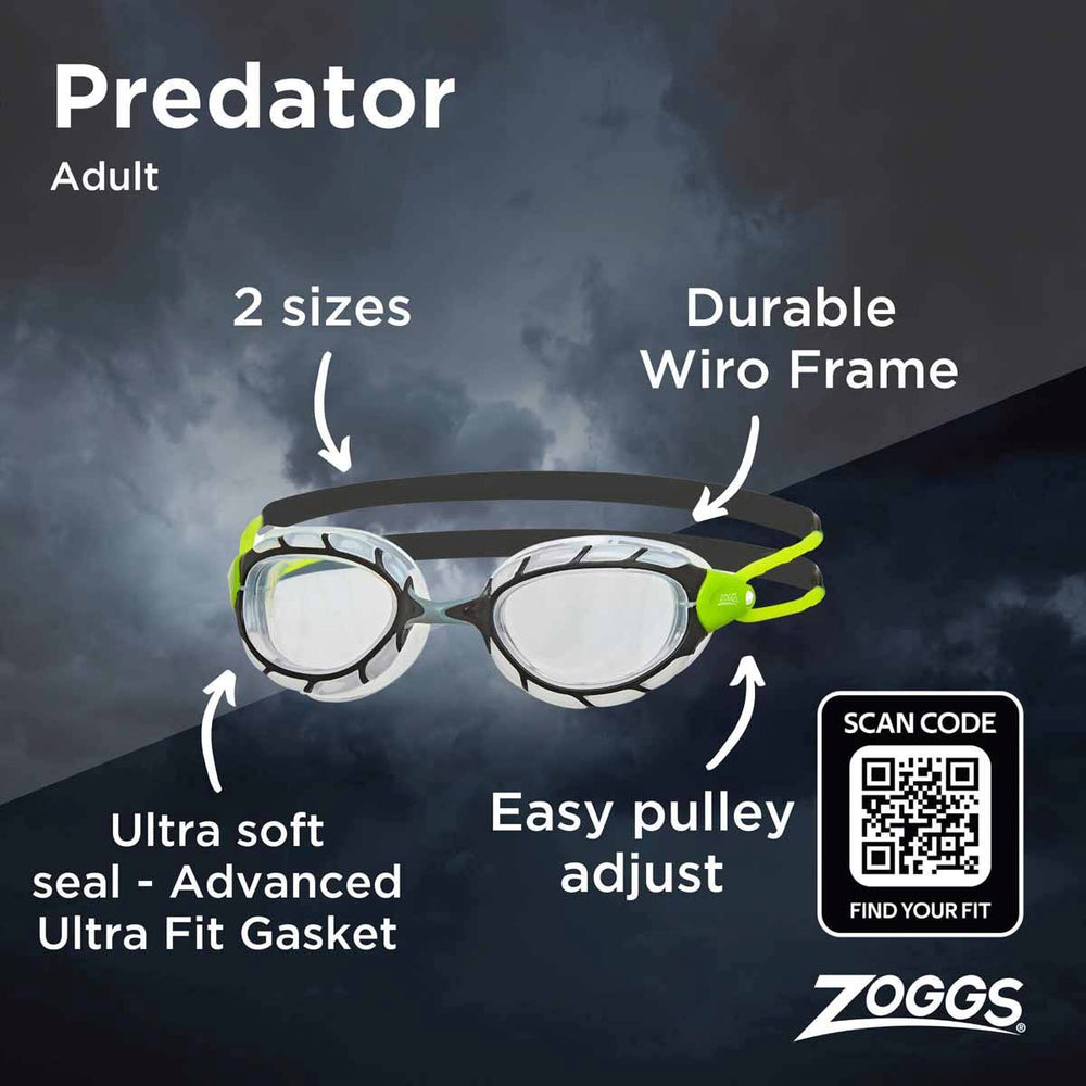 Zoggs Predator Goggles - Small Fit - Black/Green/Clear | Allens Of Kingsbury