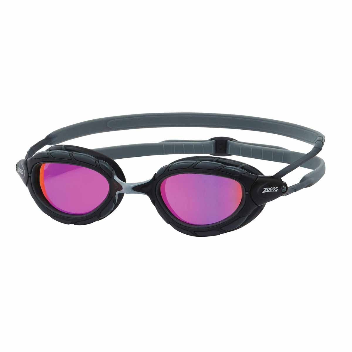 Zoggs Predator Titanium goggles in regular fit with grey, black, and mirrored pink lenses, designed for swimming and water sports.