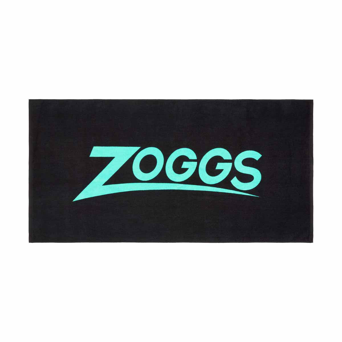 Black and turquoise Zoggs swimming pool towel displayed folded with the Zoggs logo visible on the fabric.