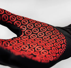 Black and red Zone3 neoprene swim gloves designed as swim accessories, showing the textured exterior and flexible fit.