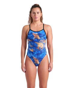 Arena Womens Gold Leaves Challenge Back Swimsuit - Blue River Multi/Black