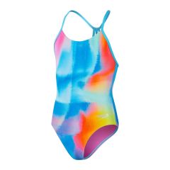 Speedo Girls Allover Lane Line Back Swimsuit - Kiki Pink/Lemon Drizzle/Picton Blue