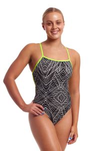 Funkita Ladies Space Signals Strapped In One Piece Swimsuit - Black/White