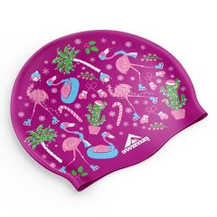 Swimzi Christmas Flamingos Raspberry Swim Cap - Raspberry