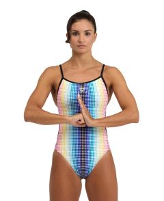 Arena Womens Circle Stripe Lace Back Swimsuit - Black/Multi