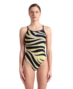 Arena Womens Multi Stripes Lace Back Swimsuit - Black/White/Green/Yellow