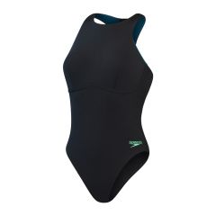 Speedo Womens Racer Zip Swimsuit with Integrated Swim Bra - Black/Harlequin Green