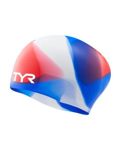 TYR Junior Tie Dye Long Hair Silicone Swim Cap - Red/White/Blue