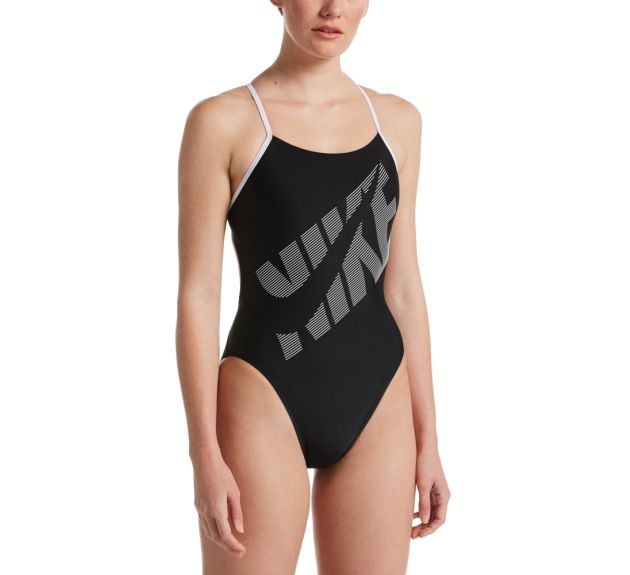 Nike Swim Womens Nike Tilt Logo Cut-Out One Piece (nessa008001) in Black