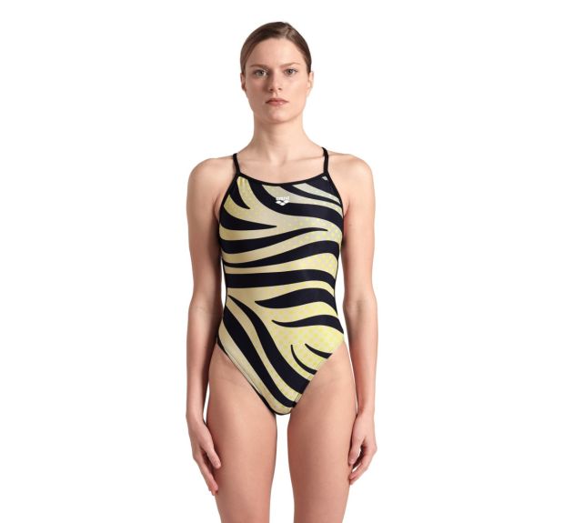 Arena Womens Multi Stripes Lace Back Swimsuit Black White Green Yellow Womens Swimsuits