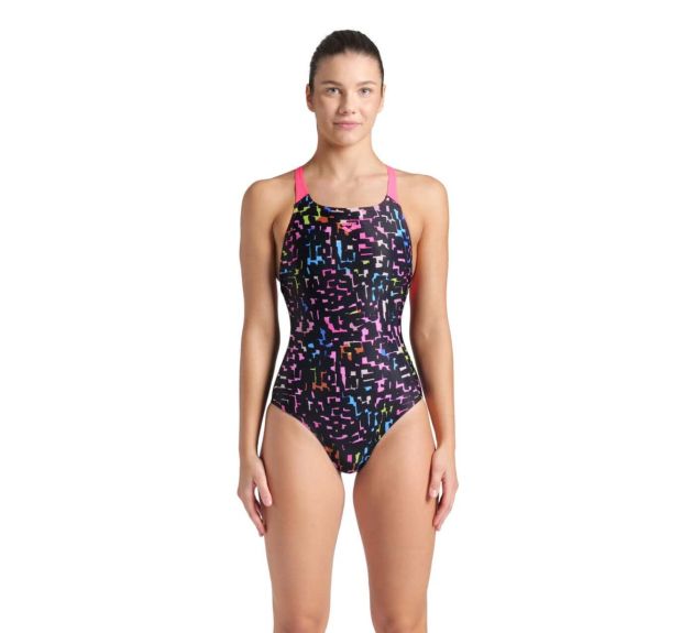 Arena Womens Mosaic Swim Pro Back Swimsuit Black Shocking Pink