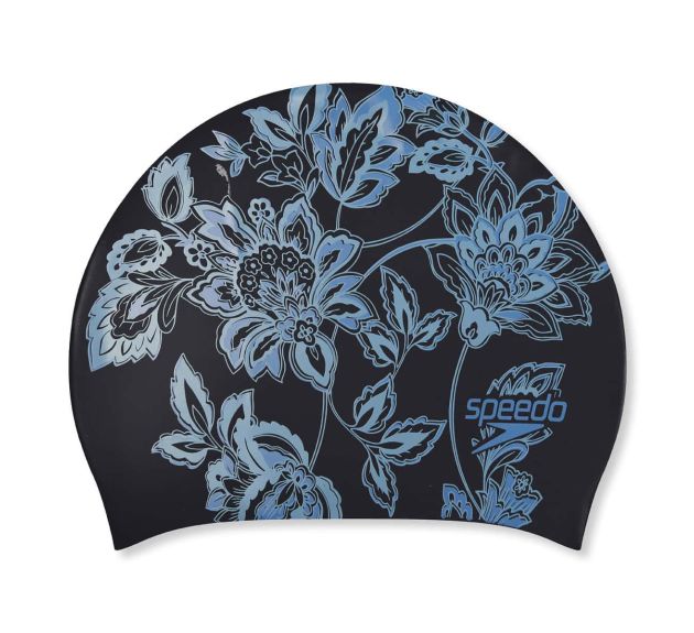 Speedo Printed Long Hair Swimming Cap Black Sevres Blue Swimming Caps