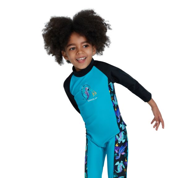 Speedo Boys Printed Panel Long Sleeve All In One Sun Suit Blue Black Multi Swimwear for Ages 0 6