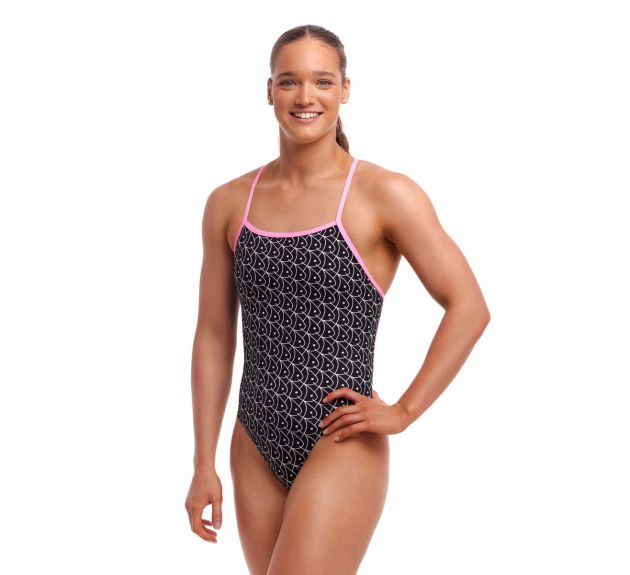 Pink and black one piece swimsuits sales