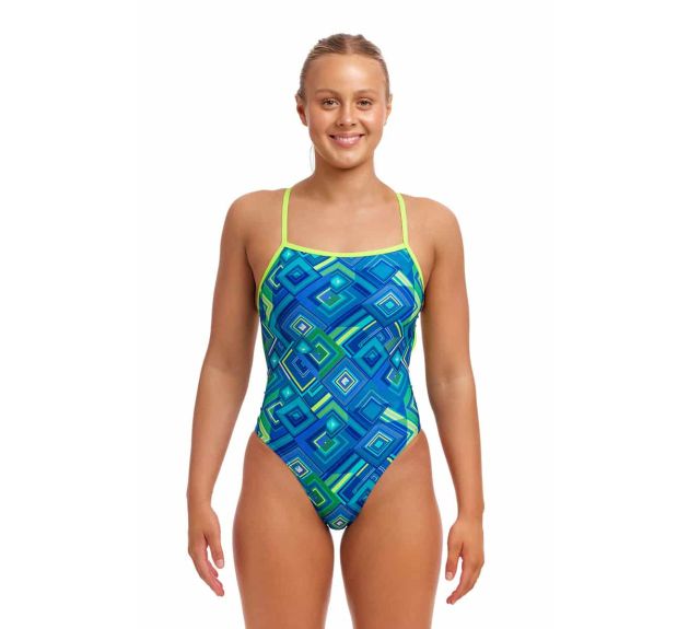 Funkita Ladies Help Me Rhombus Single Strength One Piece Swimsuit Blue Green Womens Swimsuits