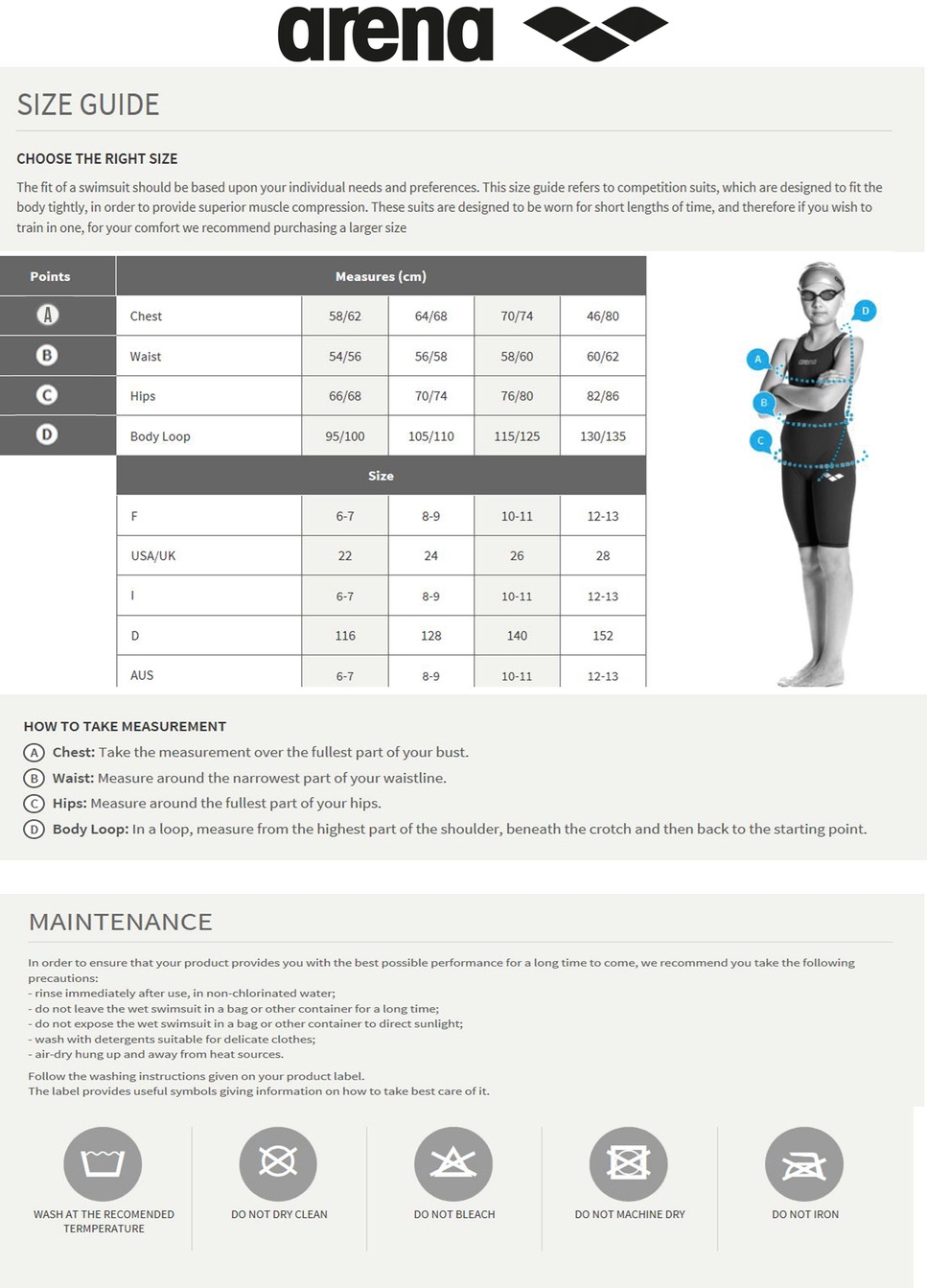 Arena Swim Size Chart