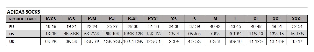 size guide adidas socks