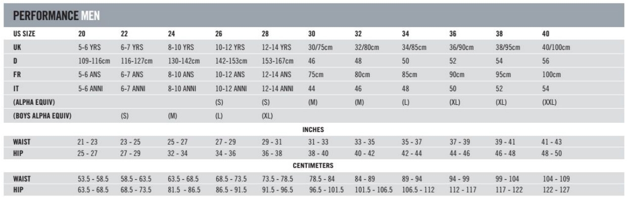 nike performance size chart