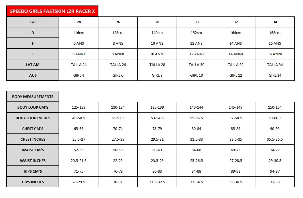 speedo fastskin size chart