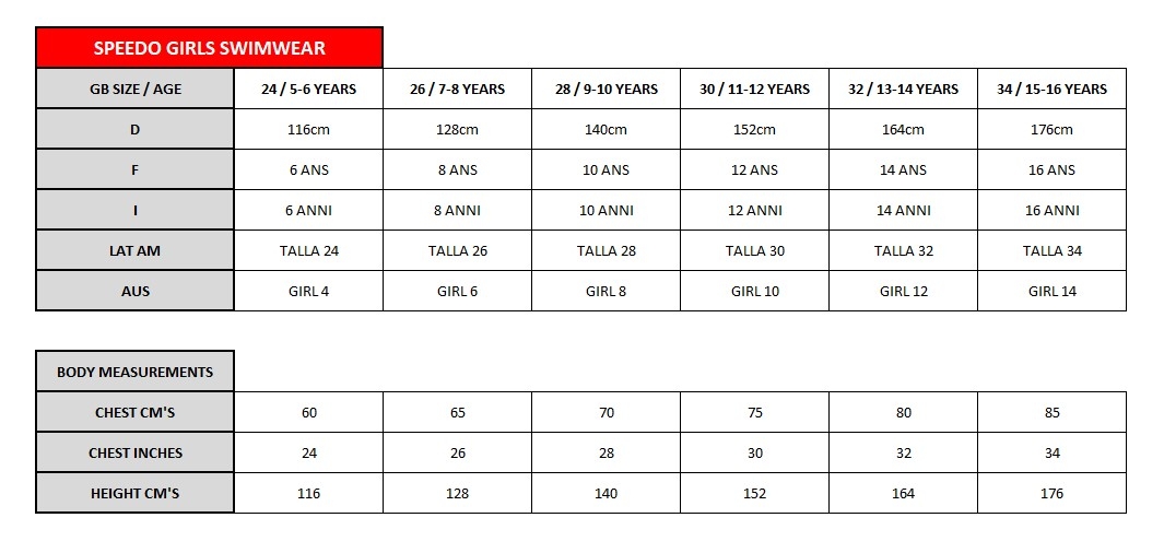 Speedo Girls Swimwear Size Guide 2020