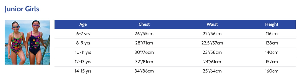 Zoggs Swimwear Size Chart