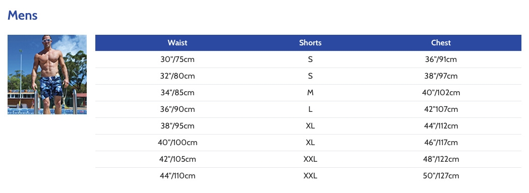 Zoggs Swimwear Size Chart